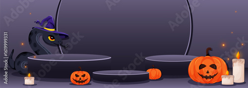 Halloween podium scene for product display with snake in hat , glowing pumpkins, candles and some dark purple platforms, vector illustration