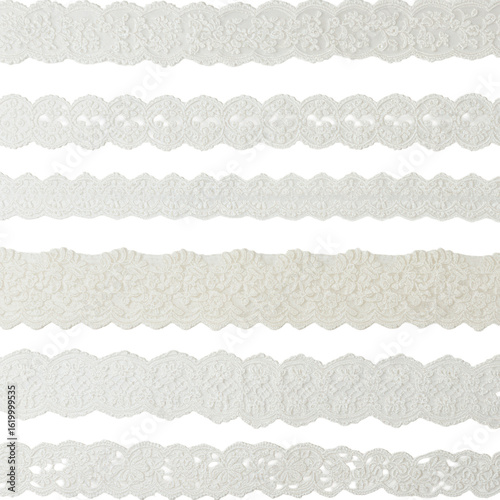 Diverse white and cream lace trims, intricate floral, geometric, abstract patterns, widths, materials, on clean white, top-down view, concept of elegant product craftsmanship