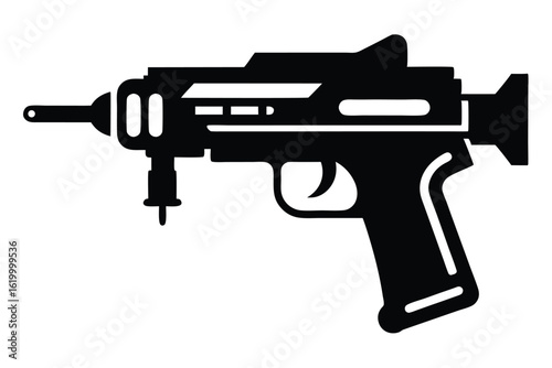 Black Silhouette Illustration of a Submachine Gun with Folding Foregrip and Buttstock