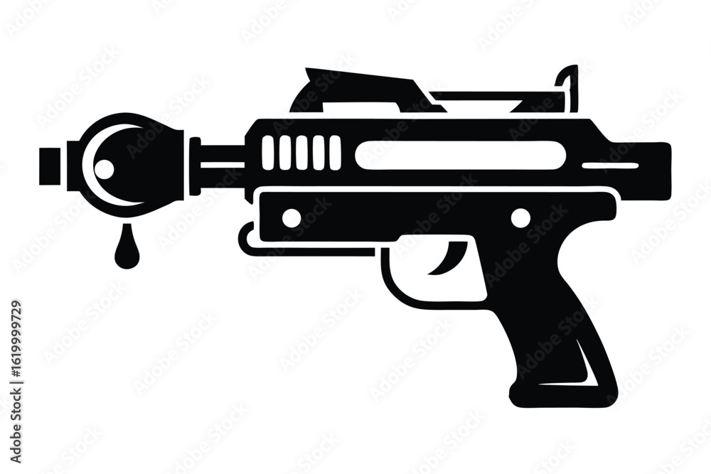 Naklejka premium Black Silhouette Illustration of a Futuristic Ray Gun with Liquid Droplet