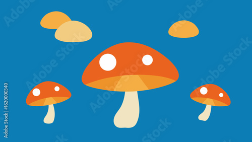 Orange Mushrooms Spores Floating Blue Background Vector Illustration