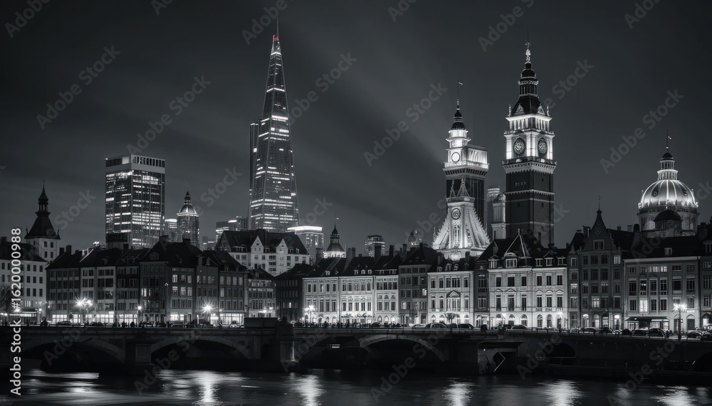 Fototapeta premium Nighttime Monochromatic Cityscape with Illuminated Clock Tower