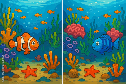 Colorful underwater scene with fish and coral in educational game  