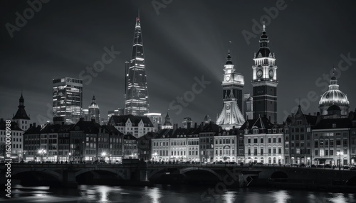 Nighttime Monochromatic Cityscape with Illuminated Clock Tower