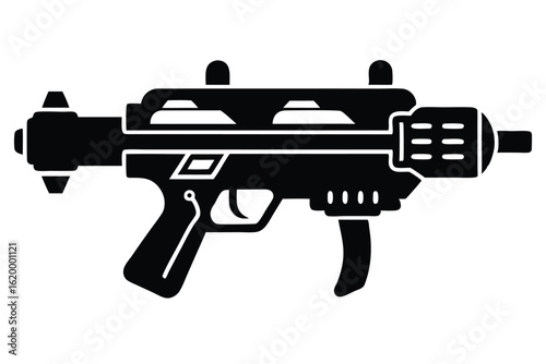 Black Submachine Gun Silhouette with Folding Stock and Foregrip Illustration on Plain Background