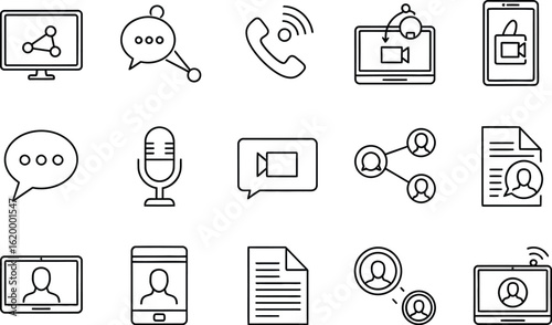 Vector art of collection of linear icons representing online communication, video conferencing, and remote work, the set includes icons for video call, chat, microphone, and document sharing