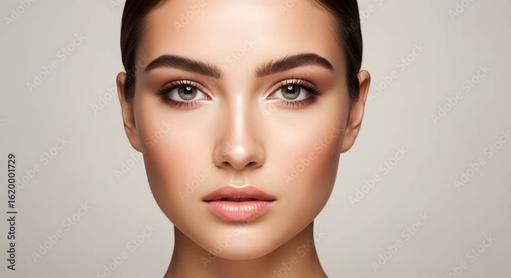 Fototapeta premium Beautiful woman with perfect skin, makeup, and natural features. Her elegant appearance showcases healthy skin, eyebrows, and a flawless complexion. The portrait captures her beauty and grace