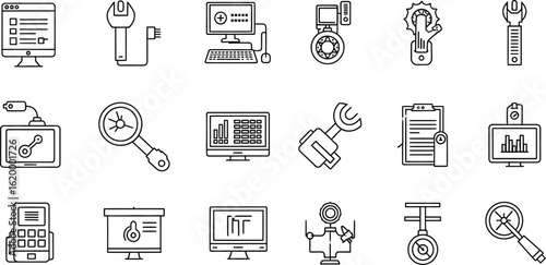 Vector art of collection of linear icons representing computer maintenance, technical support, and web service, the set includes icons for wrench, gear, magnifier, and data analysis