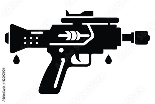 Black Futuristic Toy Gun Silhouette with Dripping Water Bubbles Vector Graphic Art