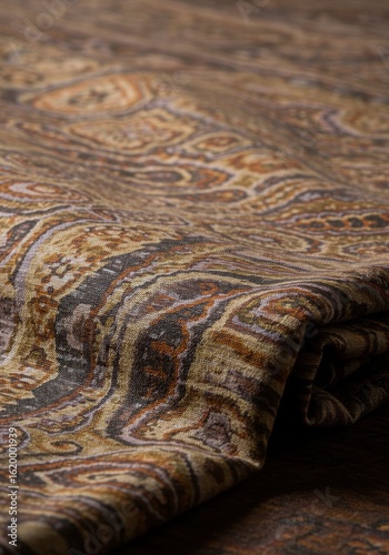 Intricate patterned fabric draped on wooden surface