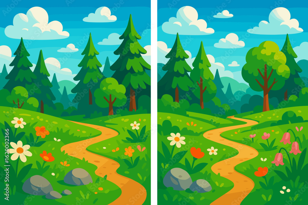 Naklejka premium Colorful cartoon landscape with flowers and trees for find differences game
