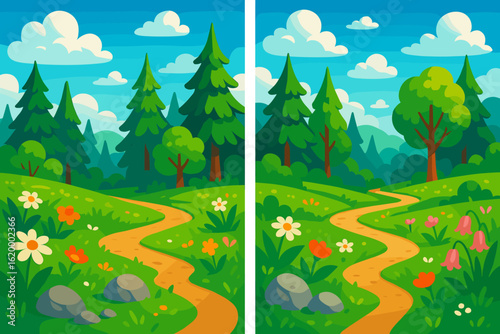 Colorful cartoon landscape with flowers and trees for find differences game  