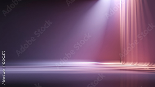An abstract background featuring soft, colorful pastel lights in shades of pink, purple, and blue that cast long, dramatic shadows on a glossy floor, creating a sense of a digital stage or surreal spa