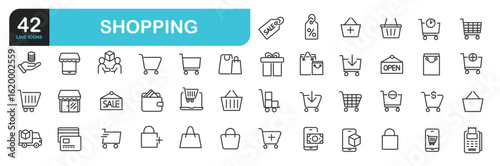 Set of line icons related to shopping, supermall, store, sale, bar code. Outline icons collection. Editable stroke. Vector illustration
