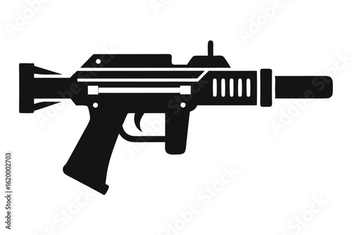 Black Silhouette of Modern Assault Rifle with Grip and Silencer Design Illustration