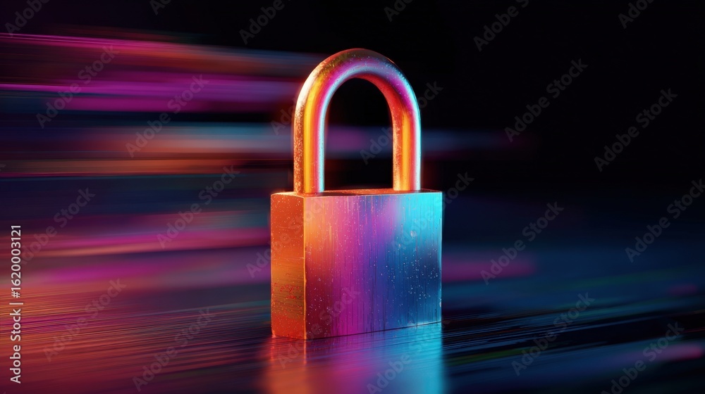 Fototapeta premium Secure Padlock Symbol on Dark Background with Vibrant Neon Lights Representing Digital Security and Data Protection