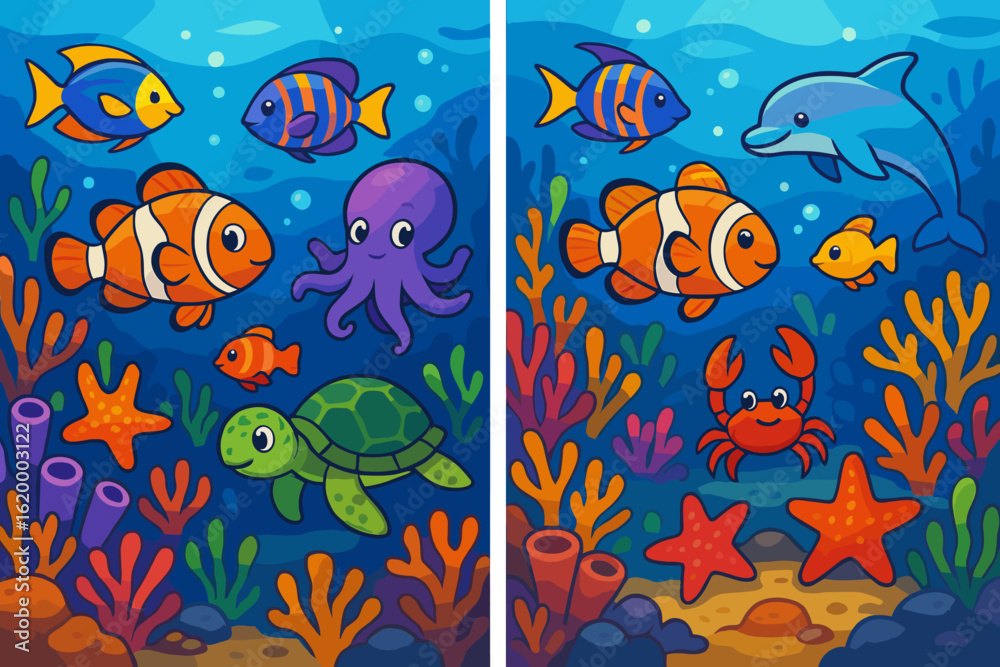 Fototapeta premium Colorful underwater scene with fish and marine life for kids' game Concept of Find differences. Educational game for children. Cartoon vector illustration 