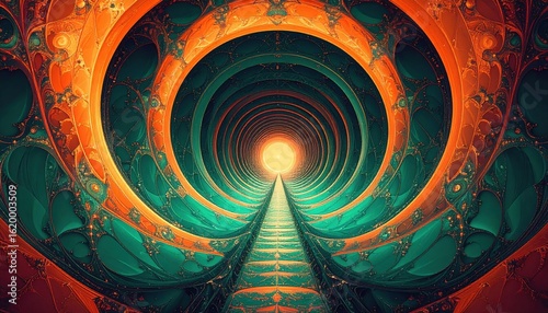 Abstract Glowing Spiral Tunnel With Teal And Orange Pattern
