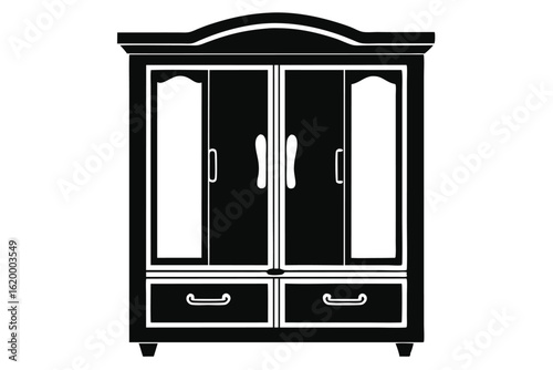 Black and White Illustration of a Detailed Wardrobe with Doors and Drawers Silhouette