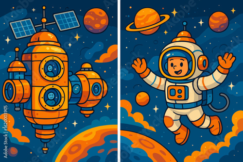 Cartoon astronaut floating in space next to space station illustration  