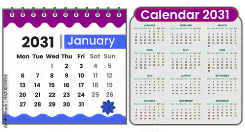 Stylish calendar 2031 design showing all months and seasons. Ideal calendar 2031 template for organizing appointments, commercial tasks, and everyday planning needs. Editable font