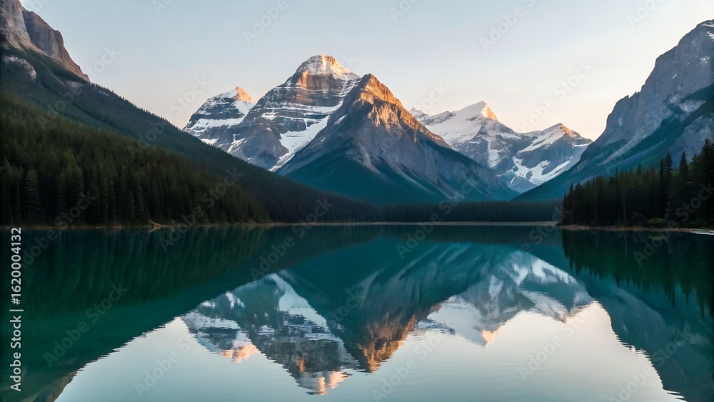 Naklejka premium Snow-Capped Mountains Reflected in Turquoise Lake – Serene Alpine Landscape with Forest Surroundings