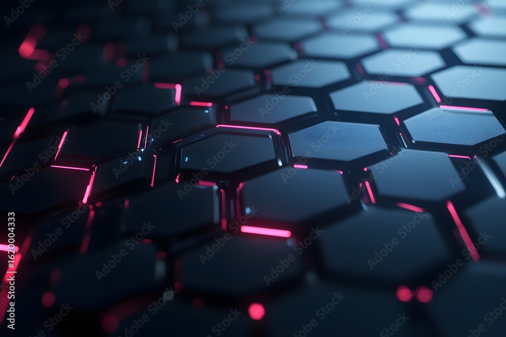 Fototapeta premium High-tech glowing hex grid, layered futuristic effect, dark tone with smooth ambient lighting