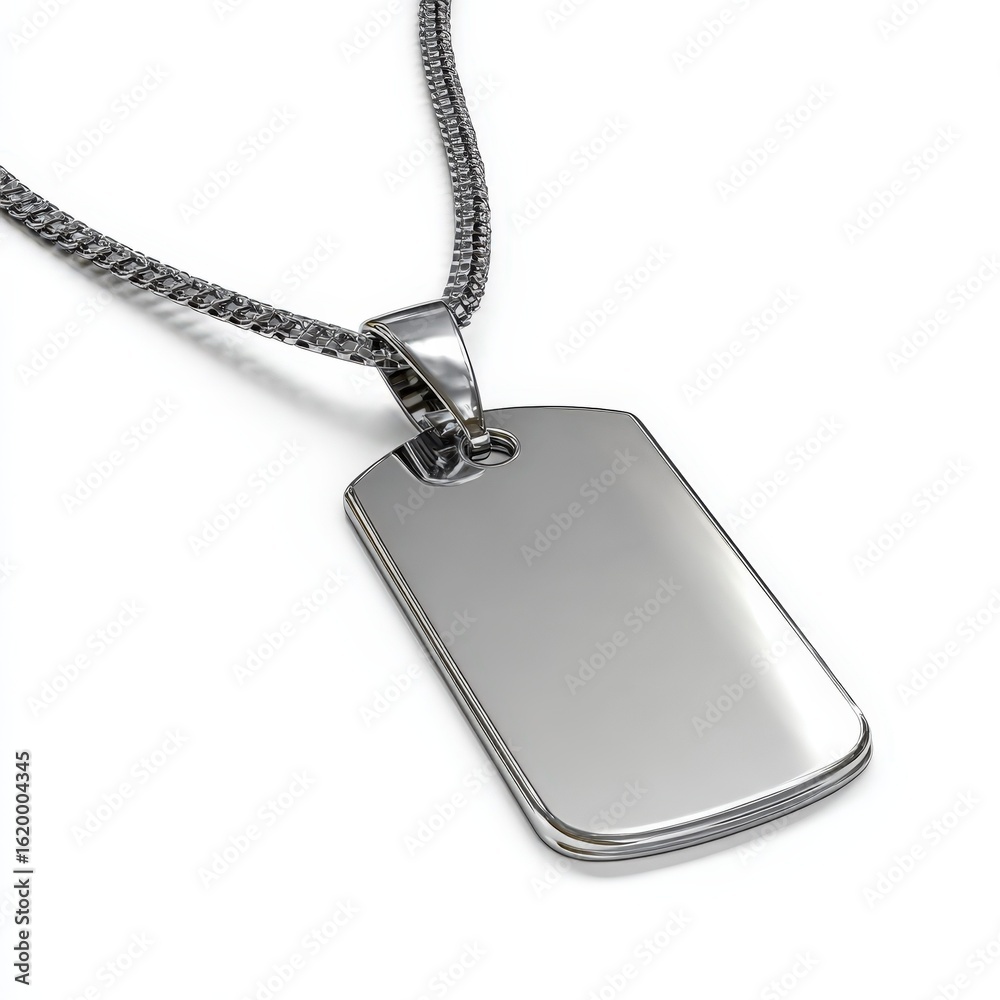 Fototapeta premium Shiny Silver Dog Tag Pendant Necklace on White Background Perfect for Branding Mockups or Jewelry Designs