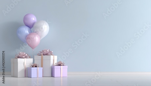 Pastel balloons & gifts against a light blue wall