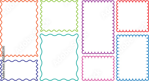 Set of frames with zigzag edge, scallop edge Vector shape. Geometric zig zag wavy stickers. oval and square scalloped frames. Isolated elements for design of text box, badge, banner.
