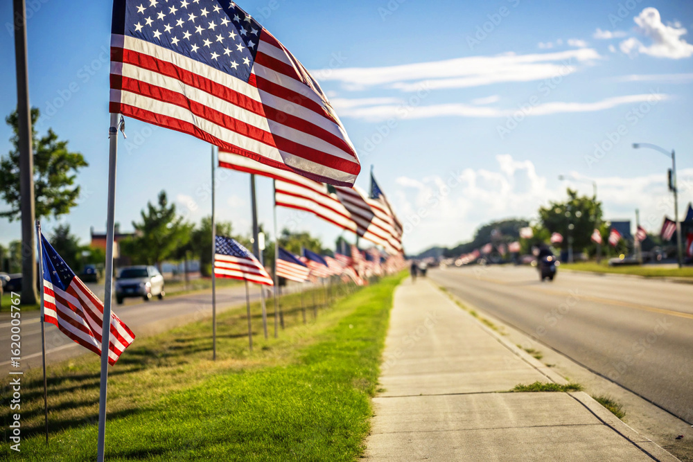 Fototapeta premium A serene scene of the American flag hanging on the street.