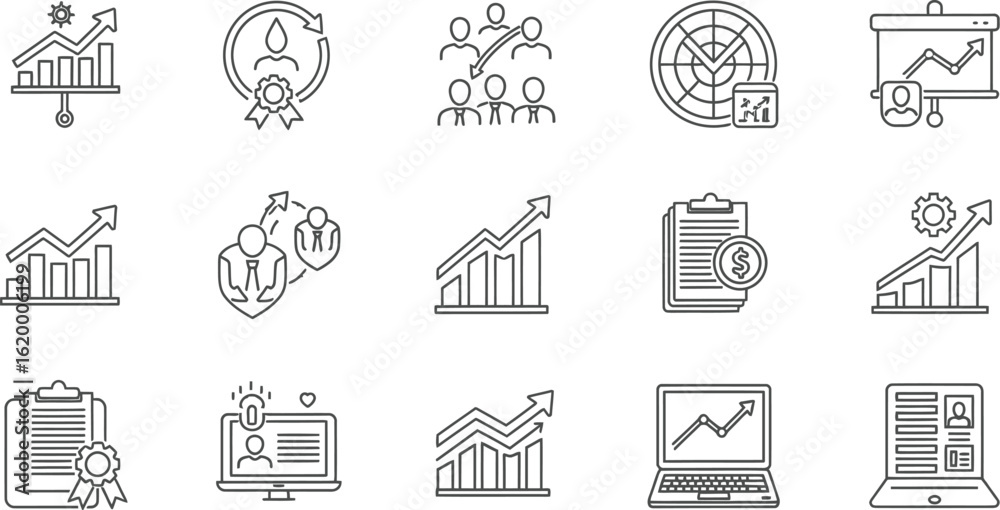 Fototapeta premium Vector art of set of business and management icons contains such icons as growth, employee, team, target, board, chart, clipboard, computer, document, laptop, business, management