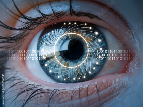 Detailed close-up of a human eye enhanced with digital interface elements, symbolizing advanced technology, biometrics, artificial intelligence, and cybersecurity. Generated image.
