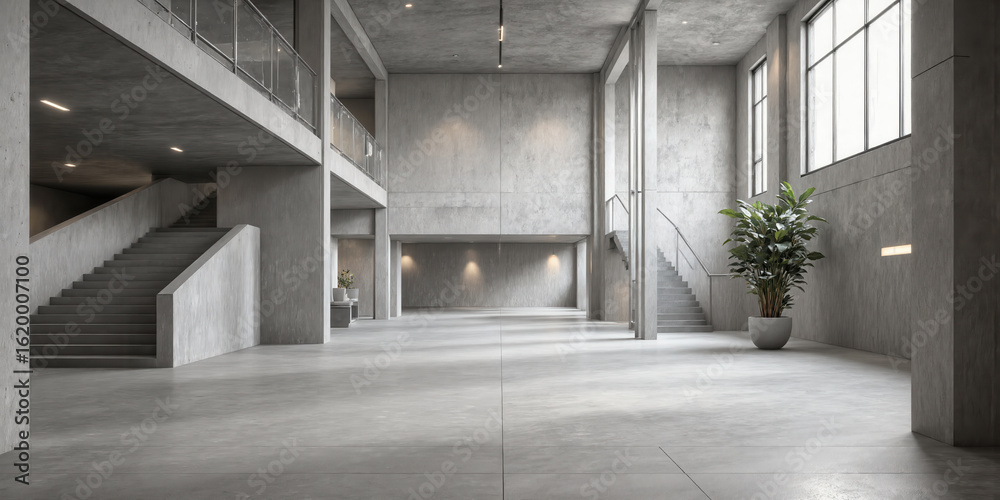 Obraz premium Brutalist-Inspired Event Venue with Monochrome Tones - Raw concrete floors, minimalist steel staircases, subtle recessed lighting, neutral stone walls with