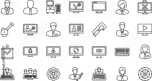 Vector art of a set of thin line vector icons representing business, office, and human resources, featuring elements like computers, monitors, presentations, charts, graphs, and people