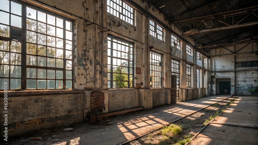 Fototapeta premium Old abandoned industrial factory building interior with light, columns, and shadows , old industrial facroryinterior with sunlight- grunge urban decay background