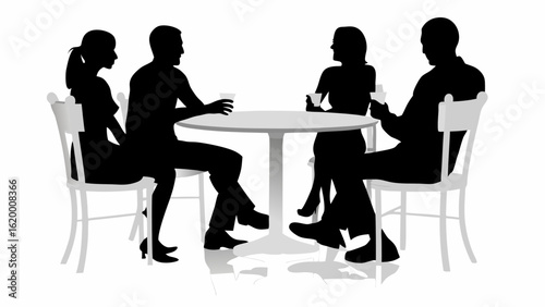 Silhouette illustration of four people sitting around a table with drinks and chairs in a meeting setting | editable eps vectors