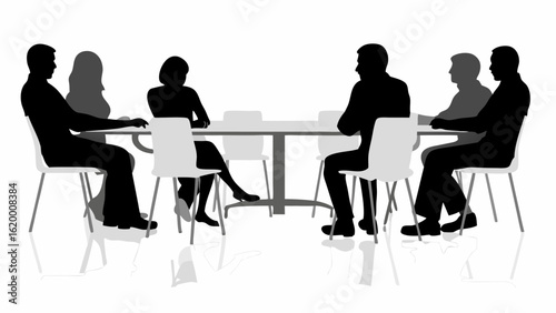 Silhouette of people sitting around a table in a meeting with chairs and a white background in the scene | editable eps vectors