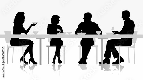 Silhouette of four people sitting at a table eating with dishes and chairs in a bright setting area | editable eps vectors