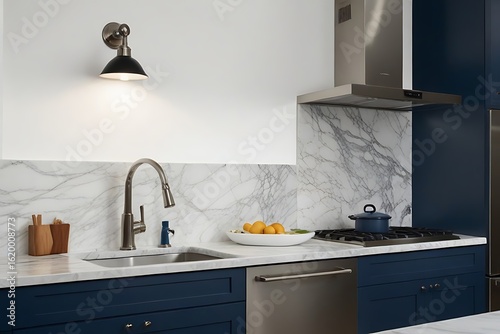 Modern kitchen interior in a luxury home featuring contemporary design, clean counters, and stylish furniture
