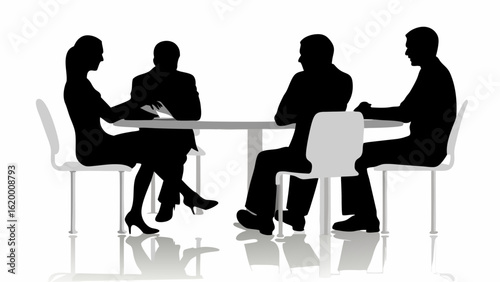 Silhouette of four people sitting around a table in a meeting or discussion in a professional setting | editable eps vectors