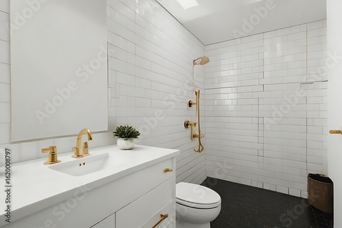 Modern luxury bathroom interior with sleek white tiles, a spacious shower, and a stylish sink, reflecting contemporary home design