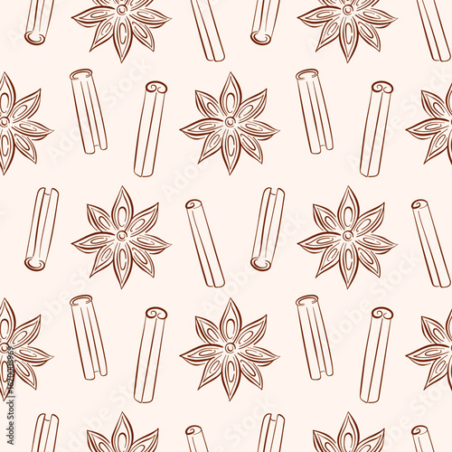 Seamless pattern of star anise and cinnamon stick in line style on light background. Perfect for spice packaging, cooking design or botanical themed culinary project.