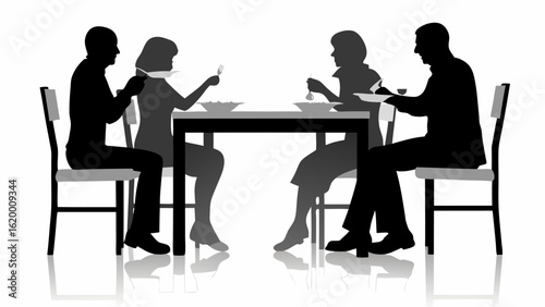 Silhouette of four people sitting at a table eating a meal with chairs and reflective floor surface shown | editable eps vectors