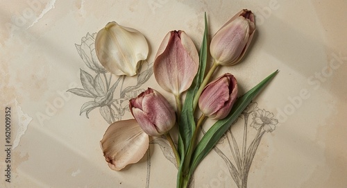 Still life of pink tulips with petals and floral sketches on a beige textured background