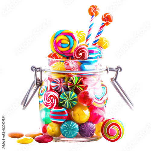 Colorful candy jar overflowing with lollipops and round candies