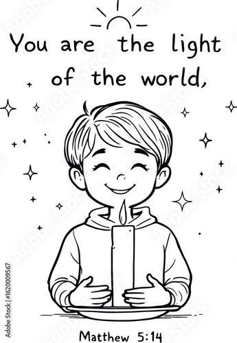 A drawing of a child holding a candle with the quote you are the light of the world and matthew 5:14