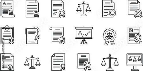 Vector art of set of legal document icons, featuring contract, agreement, certificate, and policy, representing justice, law, and official approval in business and financial contexts