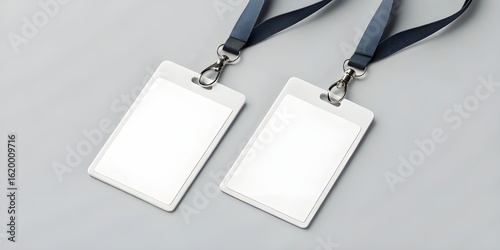 Two blank white rectangular id badges with dark blue lanyards rounded corners