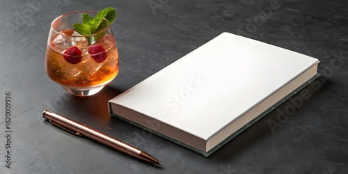 White book with raspberries and mint cocktail and pen closed